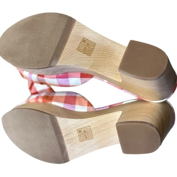 J.CREW pink plaid gingham bow open toe slip on wooden sole chunky heel sz 9 NWOT - Picture 6 of 8